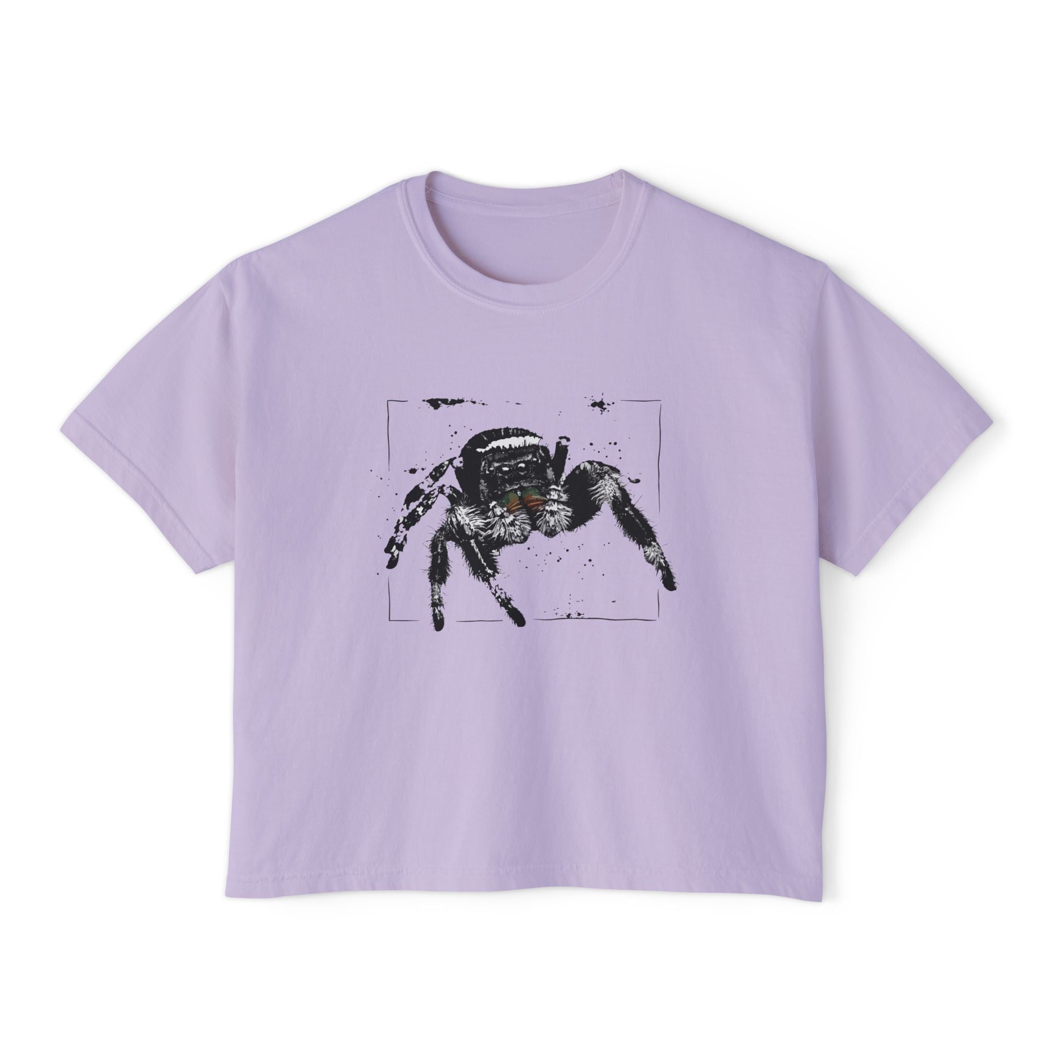 Women's Boxy Tee with Realistic Jumping Spider Graphic — Creepy-Cute Spider Art Tee