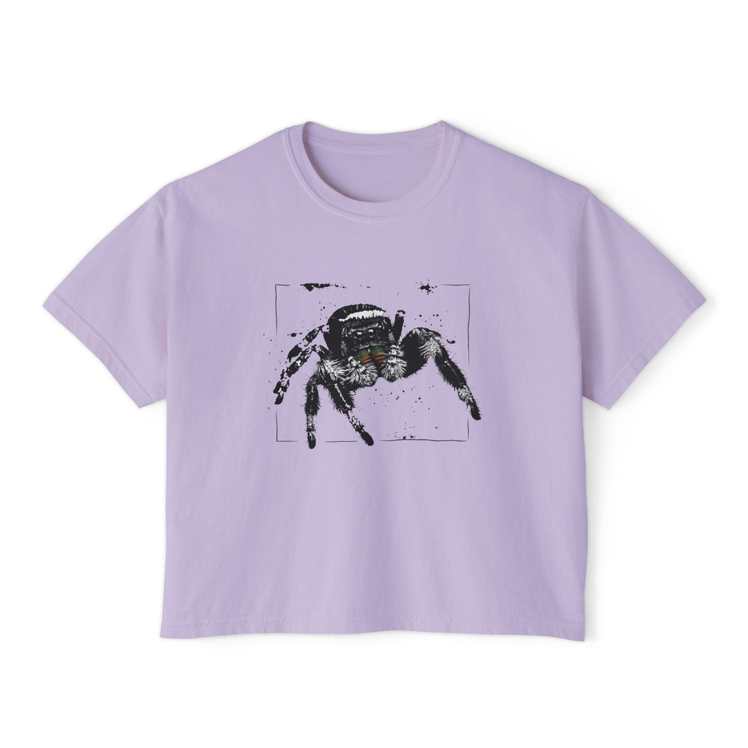 Women's Boxy Tee with Realistic Jumping Spider Graphic — Creepy-Cute Spider Art Tee