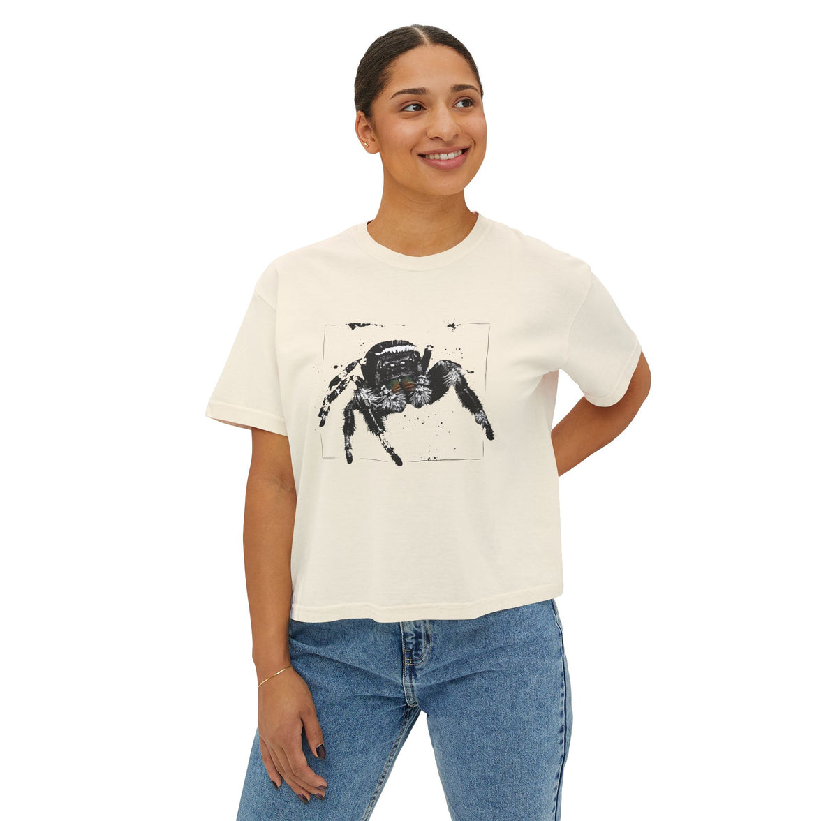 Women's Boxy Tee with Realistic Jumping Spider Graphic — Creepy-Cute Spider Art Tee