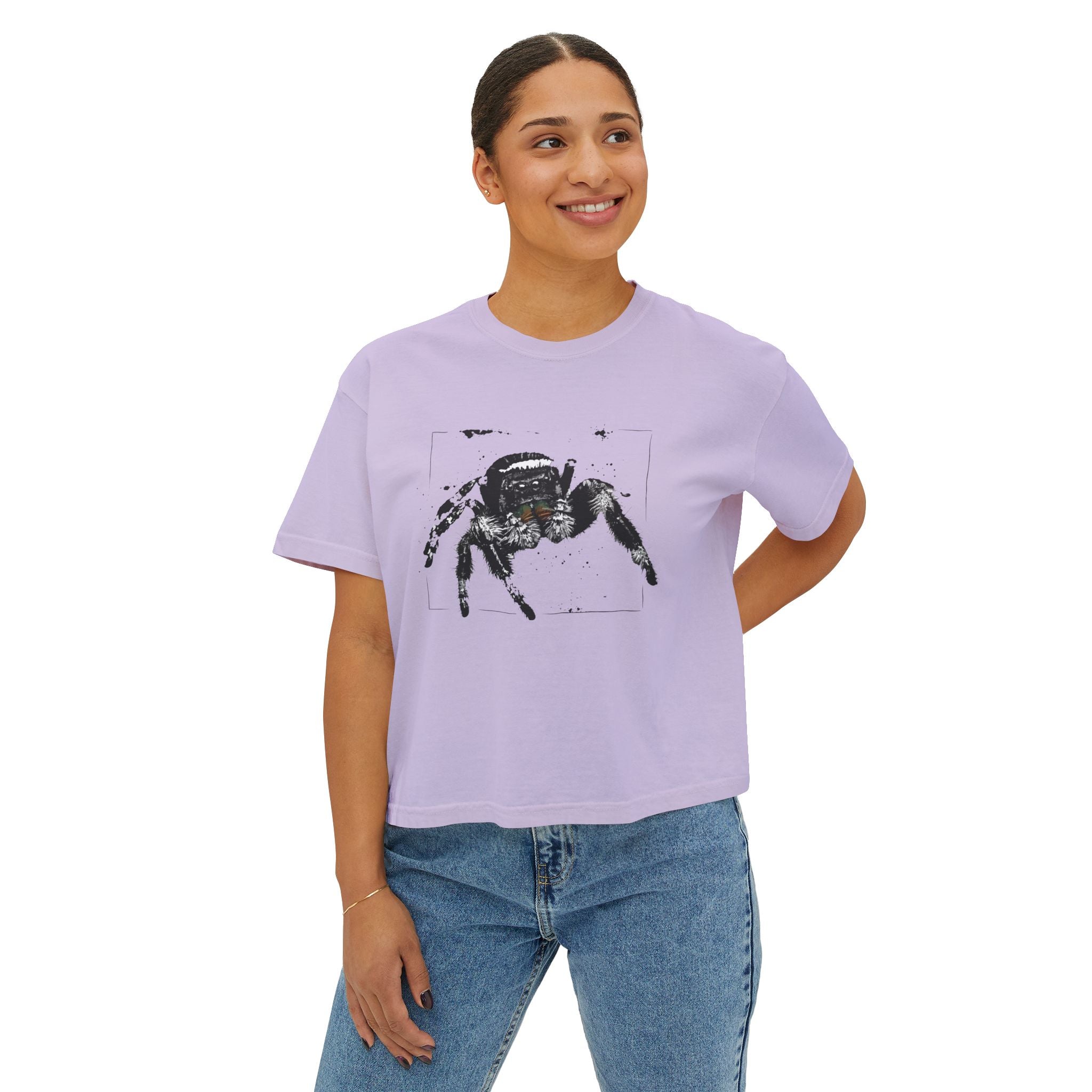 Women's Boxy Tee with Realistic Jumping Spider Graphic — Creepy-Cute Spider Art Tee