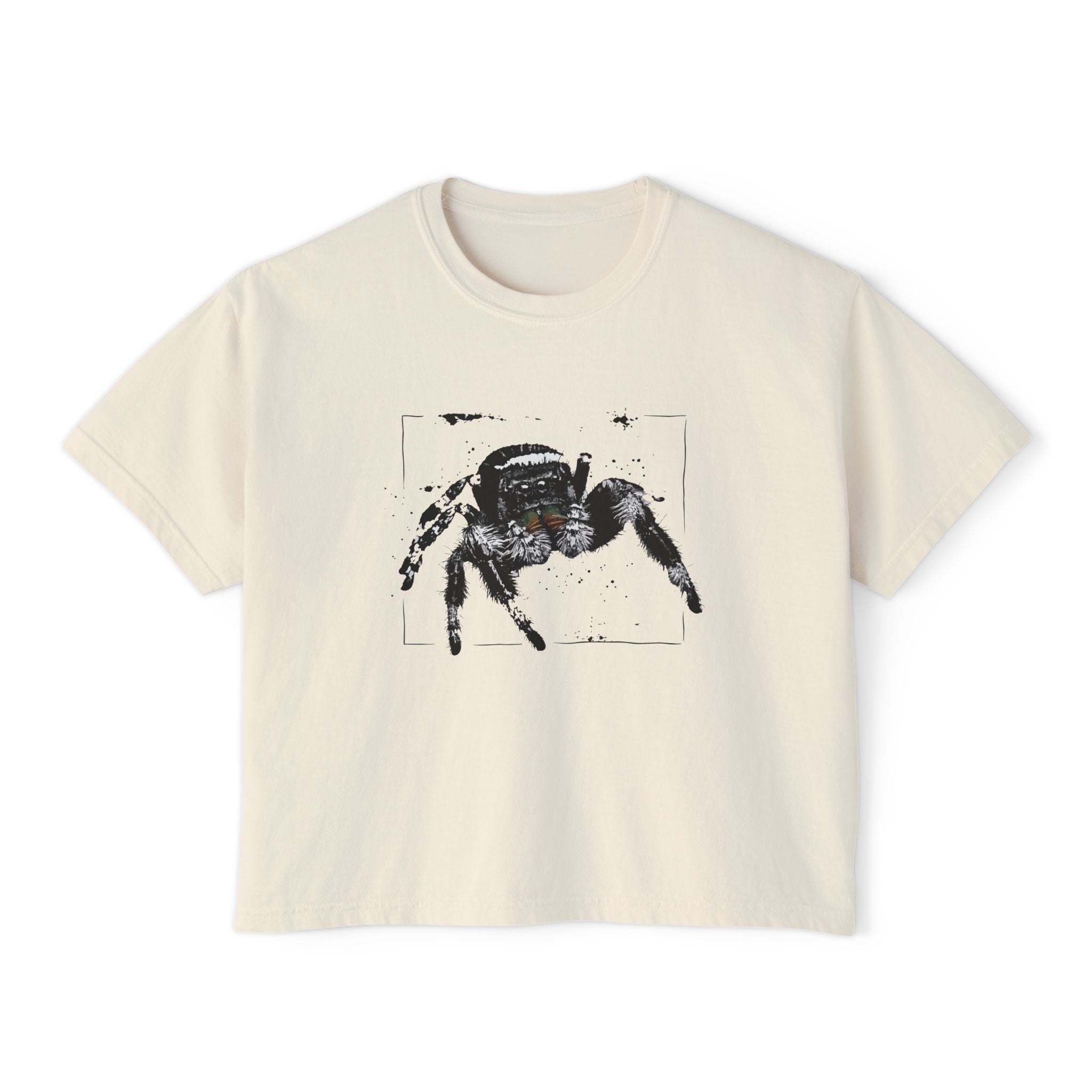 Women's Boxy Tee with Realistic Jumping Spider Graphic — Creepy-Cute Spider Art Tee