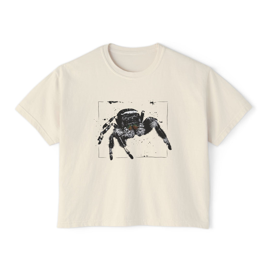 Women's Boxy Tee with Realistic Jumping Spider Graphic — Creepy-Cute Spider Art Tee