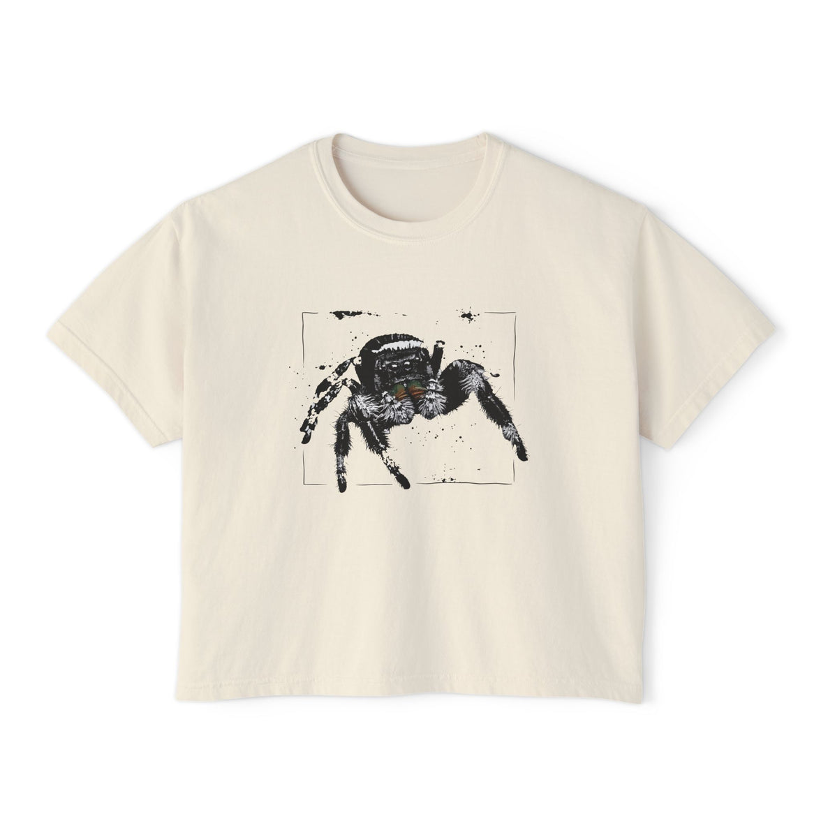 Women's Boxy Tee with Realistic Jumping Spider Graphic — Creepy-Cute Spider Art Tee
